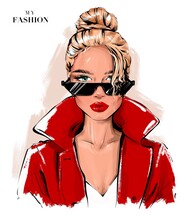 Beautiful Blond Hair Girl In Sunglasses. Woman With Hair Bun. Fashion Woman. Pretty Girl. Fashion Illustration.