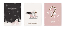 Collection Of Stylish Christmas Cards In Minimalist Style. Сards With A Winter House, Santa Claus Sleigh And Candy Cane. Vector Hand Drawn Illustration