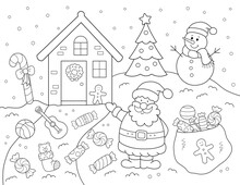 Cute Christmas Coloring Page For Kids Full Of Candy, A Snowman, Santa Claus, A Little House And More. You Can Print It On Standard 8.5x11 Inch Paper