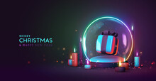 Christmas Snow Glass Winter Ball. Template Round Podium Studio Space For Objects Festive Design. Realistic 3d Elements, Gift Box, Xmas Candle, Bokeh Lights. Neon Shade. Vector Illustration