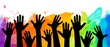 © Razym - Colorful up hands illustration, an association, unity, partners, company, friendship, friends background Volunteers celebration birthday celebration, dancing, disco dance joy fun corporate
