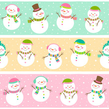 Cute Snowman Seamless Pattern With Pastel Stripes Background
