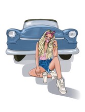 The Girl With The Coffee Is Sitting Next To The Car. A Teenage Girl With Long Wavy Blonde Hair Wearing Glasses, A T-shirt, Shorts And Big Sneakers. Vivid Illustration