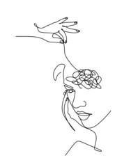 a linear drawing of a woman with a chaotic line in her head. Concepts of schizophrenia, dementia, headache, tumor