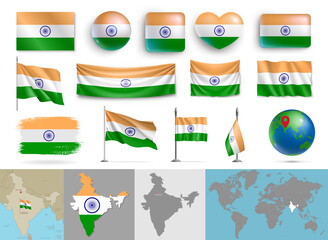 Wall Mural - set of india flags of various shapes and maps. realistic waving indian flag on pole, table flag, glo