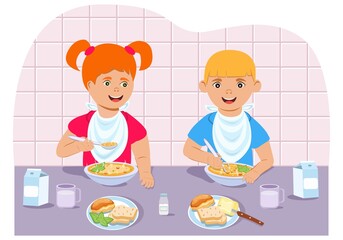 Children, a boy and a girl, eating soup from their plates. Healthy Eating. Kitchen. Groceries, butter, bread, milk. Breakfast. Lunch. Comic illustration. Vector. 