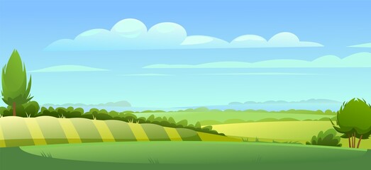 Wall Mural - rural landscape. horizontal village nature illustration. cute country hills. foggy horizon with gard