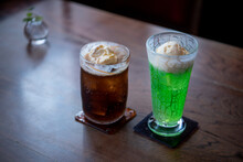 Coke Float And Melon Soda Float In Japanese Style Cafe