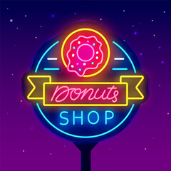 Wall Mural - Donuts shop neon sign. Street billboard for bakery. Sweet bar. Night bright signboard. Isolated vector illustration