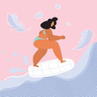 Body positive girl do surfing on menstrual tampon. Concept vector illustration the menstrual period cycle or PMS is NORMAL