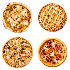 Wall Mural - Set of different pizzas collage isolated on white background