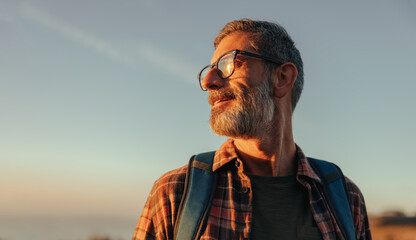 Carefree backpacker looking away while standing outdoors