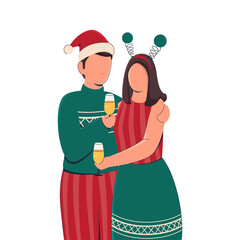 Sticker - Faceless Young Couple Hugging With Enjoy Drinks On White Background.