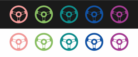 Set Racing simulator cockpit icon isolated on black and white background. Gaming accessory. Gadget for driving simulation game. Vector