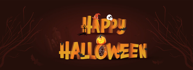 Poster - 3D Happy Halloween Text With Illuminated Jack-O-Lanterns, Skull, Flying Bats And Dry Tree On Brown Background.