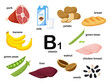 Rectangular poster with food products containing vitamin B1. Thiamine. Medicine, diet, healthy eating, infographics. Products with name.Flat cartoon food illustration isolated on a white background.