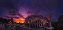 Colosseum At Sunset In Red Colors, Rome, Italy