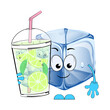 Mojito and cartoon ice cube. Vector illustration on a white background.