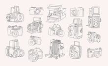 Set Of Different Photo Cameras. Hand Drawn Contour Collection In Doodle Style.