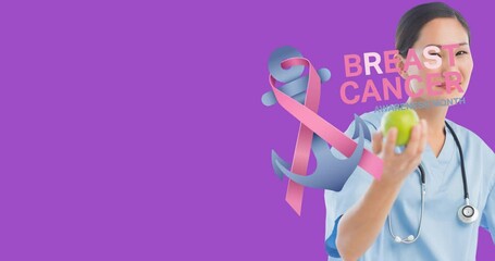 Poster - Animation of breast cancer awareness text over asian female doctor