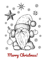 Hand Drawn Christmas Greeting Card With Santa Clause And Christmas Tree Ball. Vector Illustration In Sketch Style