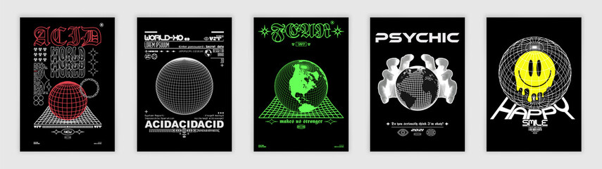 Wall Mural - collection of modern abstract posters. in acid style, stylish print for streetwear, print for t-shir