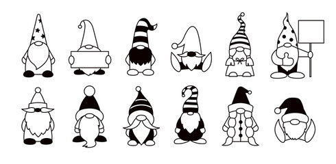 Gnomes isolated illustrations. Black and white. Set of vector cartoon gnome characters