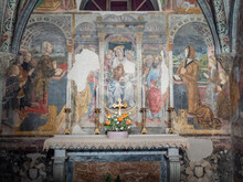 Historical Frescoes On The Walls Of The Sacred Mountain Of Crea In Italy