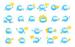 Little blue round robot mascot character big set. Cute Robot emoji. Cartoon vector illustrations. Artificial Intelligence.