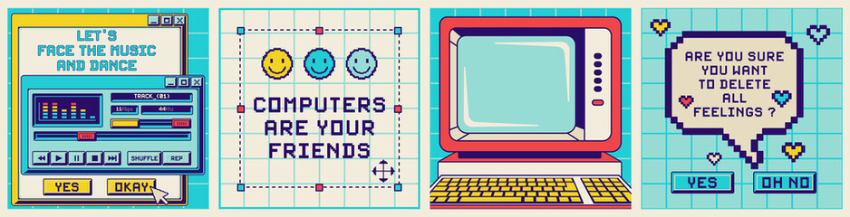 Old computer aesthetic frames for quotes, slogan, text. Square social media post.Vintage pc templates with windows boxes, retro player, desktop, buttons and pixel elements. Nostalgia backgrounds.