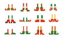 Cartoon Elves Feet With Boots Isolated Illustrations. Christmas Elf Feet In Shoes. Vector Set Of Elves Legs. Santa Little Helpers