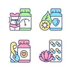 Sticker - Food supplements RGB color icons set. Pills for pregnant women. Weight loss. Immune boost supplements. Medicine for staying calm. Isolated vector illustrations. Simple filled line drawings collection