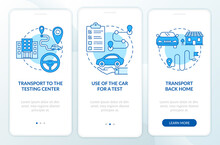 Road Test Services Blue Onboarding Mobile App Page Screen. Driving School Offers Walkthrough 3 Steps Graphic Instructions With Concepts. UI, UX, GUI Vector Template With Linear Color Illustrations