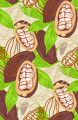 Vector seamless pattern of cocoa beans, pods and leaves with outlined drawings on brown background. Vector illustration.