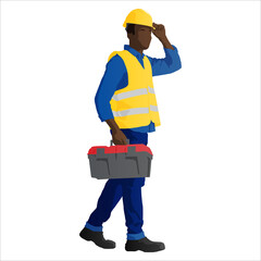 Walking African-American construction worker with a toolbox. Vector flat style illustration isolated on white