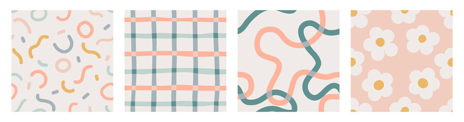Set of naive seamless boho patterns with crazy colorful doodle lines, checkered pattern and white daisies of natural tones on a light background. Contemporary minimalistic trendy backgrounds for kids