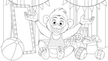 Vector Illustration, Funny Little Monkey Prepares To Perform On The Stage Of The Circus
