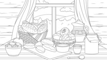 Vector Illustration, Rustic Dining Table By The Window With Homemade Cakes