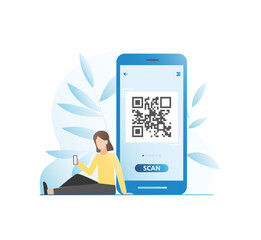 Vector, young girl in smartphone scans image to pay for purchase on Internet, in online store using QR code. Large smartphone with banking application for reading, scanning site codes.