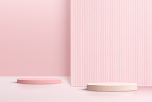 Abstract Realistic Pink And Beige 3D Cylinder Pedestal Podium Set With Pink Square Backdrop And Shadow. Minimal Scene For Valentine Product Display Presentation. Vector Geometric Rendering Platform.