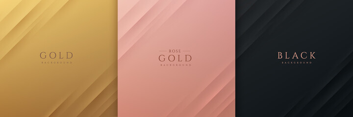 Wall Mural - Set of gold, black and rose gold abstract background with dynamic diagonal stripe lines and shadow. Modern and simple template banner collection design. Luxury and elegant concept. EPS10 vector