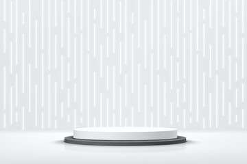 Realistic 3d silver cylinder pedestal podium with Sci-fi white abstract room concept and speed vertical glowing neon lighting. Vector rendering product display presentation. Futuristic minimal scene.