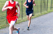 Two boys running in a cross country race on a gravel path next to a fence