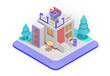 3d rendering of a small convenience store building in isometric illustration on a white background