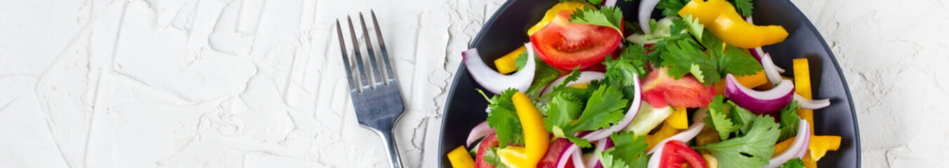 Wall Mural - banner of Plate of rainbow salad with different vegetables and herbs on black plate on white stone background