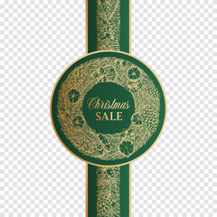 Wall Mural - Christmas and New Year Hand Drawn Wreath with Stripe or Band. Frame Banner Sticker or Wrapping Template. Abstract Holiday Promo Sale Vector Label with Retro Typography and Golden Glitter. Isolated