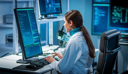 Workplace of young woman in modern microelectronics manufacturing lab. Engineer works in a modern scientific laboratory on computing systems and microprocessors.