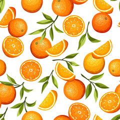 Wall Mural - vector seamless pattern with citrus orange fruit and green leaves on a white background.