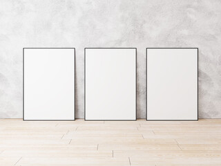 Three empty frames on painted textured white wall, 3d render