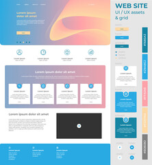 web site ui design assets with isolated interactive elements, banner with abstract waves, color sche